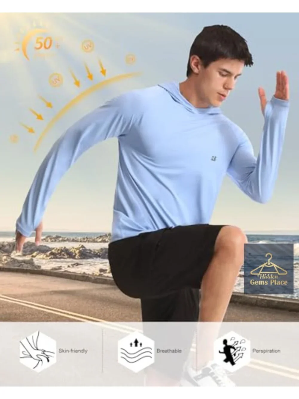 Men's UPF 50+ Long Sleeve Sun Hoodie Fishing Hiking Running Rash Guard